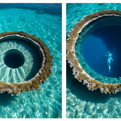 Home 6 Okay, here are the summarized English prompts for generating two images from the text about diving in the Bahamas' Blue Hole: